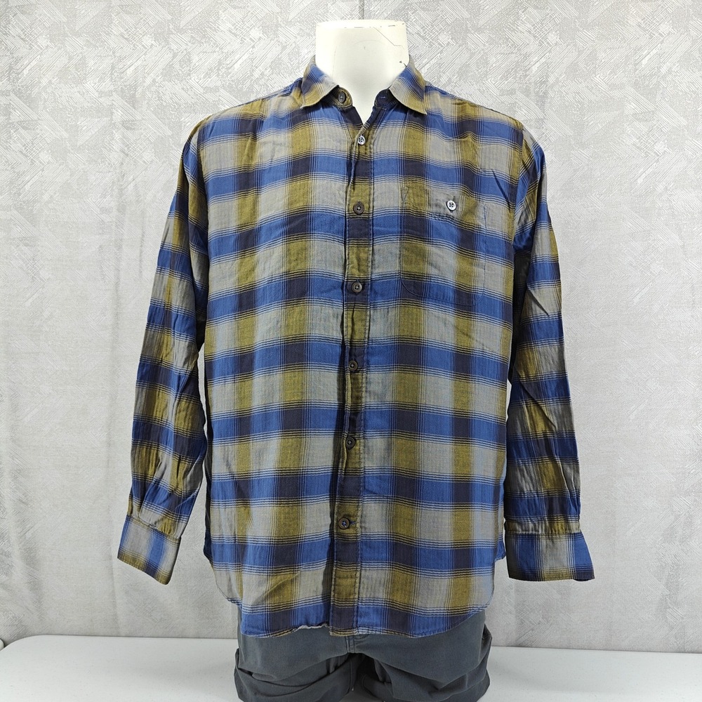 32 Bar Blues Shirt Mens Large Blue Olive Green Plaid Button Long Sleeve Cotton